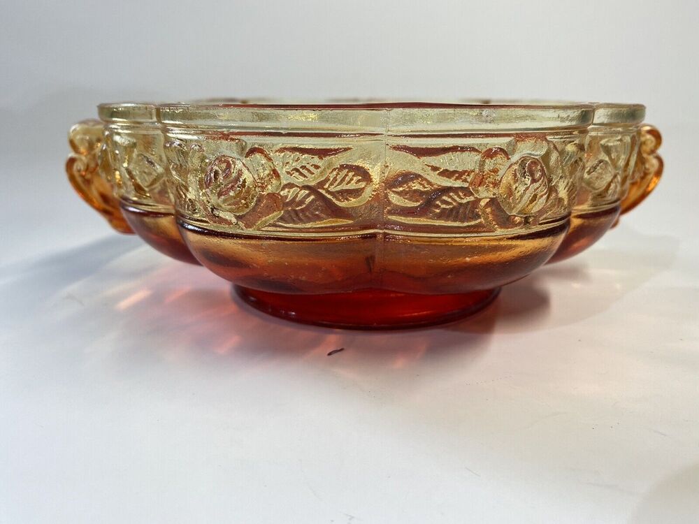 Vintage Amberina Aztec Rose Jeannette Carnival Glass Candy Nut Bowl 50s
